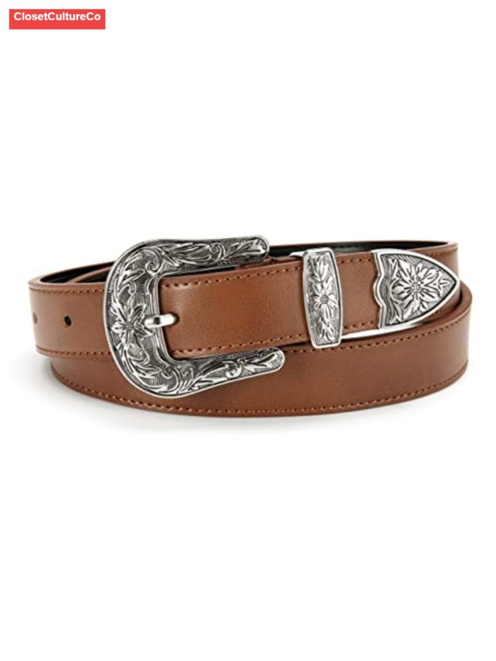 Women's Western Cowboy Belt Faux Leather Vintage Silver Buckle Country Waist